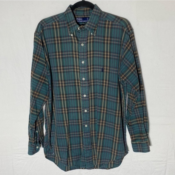 Vintage Polo Ralph Lauren Green Tan Purple Plaid Casual Button Up Shirt S - Picture 1 of 15